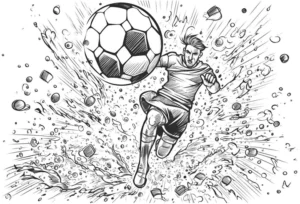 malvorlage-fussballspieler-in-aktion-mit-ball-und-spritziger-szenerie