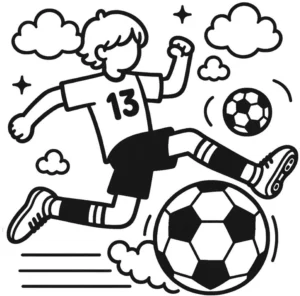 malvorlage-fussballspieler-mit-ball-und-wolken