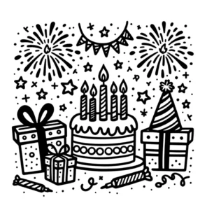 malvorlage-geburtstag-mit-torte-und-geschenken