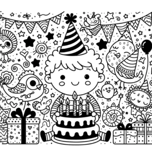 malvorlage-geburtstag-mit-torte-und-voegeln