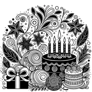 malvorlage-geburtstagsfeier-mit-kuchen-und-geschenken