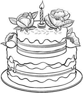 malvorlage-geburtstagskuchen-mit-blumen-und-kerze
