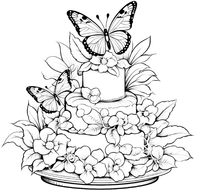 malvorlage-geburtstagstorte-mit-schmetterlingen-und-blumen