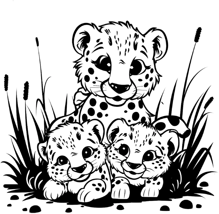 malvorlage-geparden-mit-jungen-in-der-natur