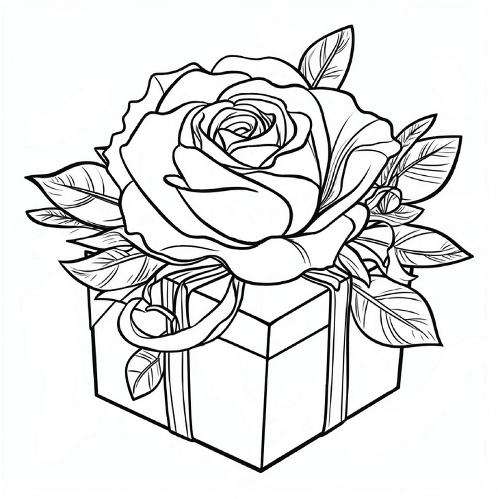 malvorlage-geschenk-mit-rose-ausmalbild