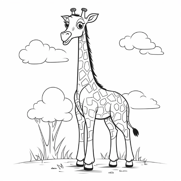malvorlage-giraffe-in-der-natur-mit-wolken-und-baeumen