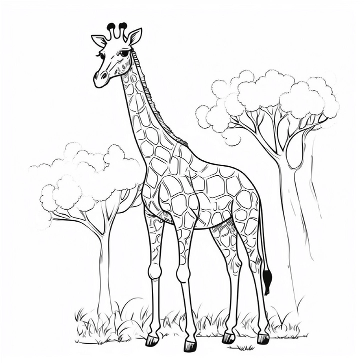 malvorlage-giraffe-zwischen-baeumen