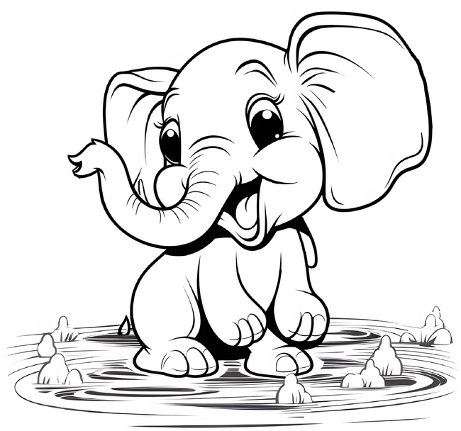 malvorlage-gluecklicher-elefant-am-wasser