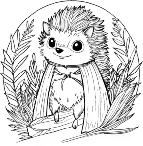 malvorlage-gluecklicher-igel-im-wald-mit-pflanzen