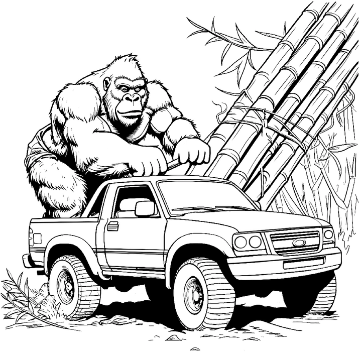 malvorlage-gorilla-auf-pickup-truck-mit-bambus