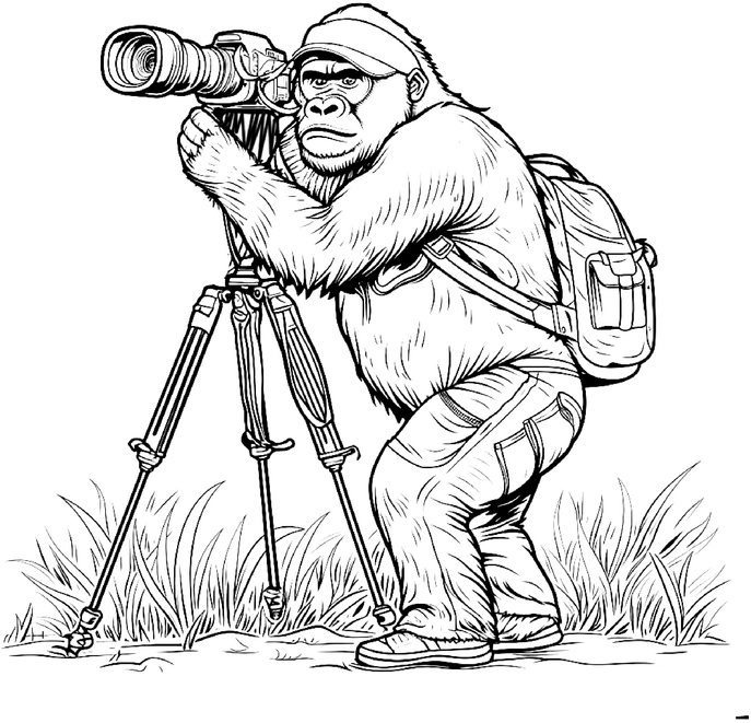 malvorlage-gorilla-fotograf-mit-kamera-auf-stativ