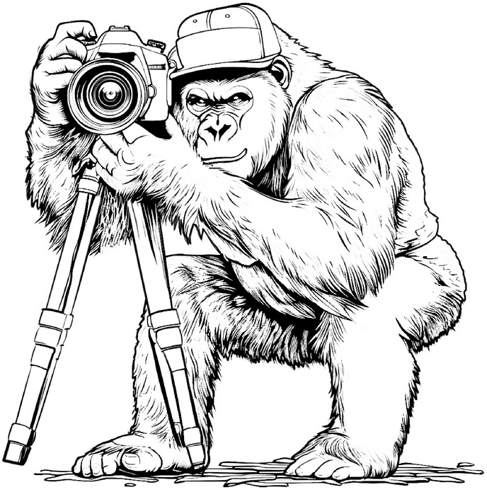 malvorlage-gorilla-mit-kamera-auf-stativ