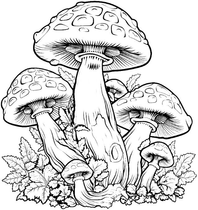 malvorlage-grosse-pilze-mit-detailreichen-formen-und-gruener-umgebung