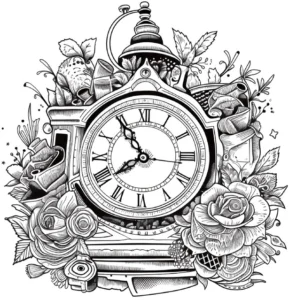 malvorlage-grosse-uhr-mit-blumen