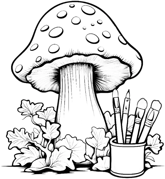 malvorlage-grosser-pilz-mit-farben-und-pinsel