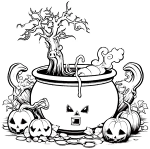 malvorlage-gruseliger-hexenkessel-mit-kuerbis-und-baum