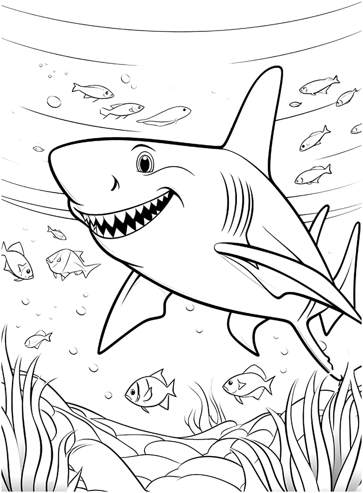 malvorlage-hai-mit-fischen-unterwasser