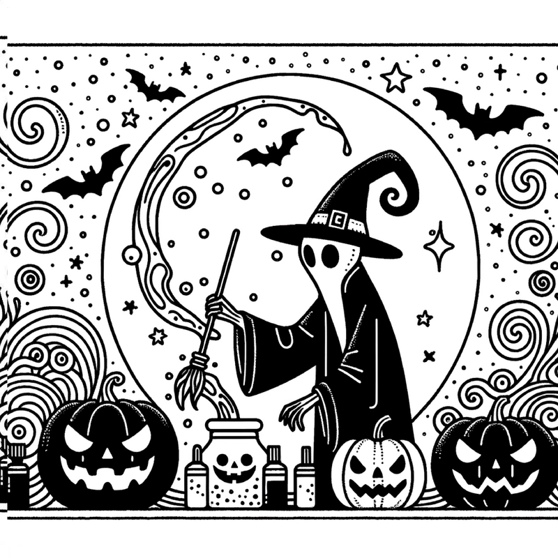 malvorlage-halloween-hexenmeister-mit-kuerbissen-und-fledermaeusen