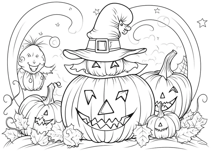 malvorlage-halloween-kuerbisse-und-hexe