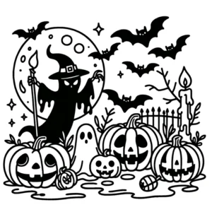 malvorlage-halloween-mit-hexe-und-kuerbissen