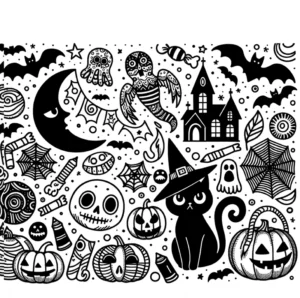 malvorlage-halloween-mit-katzen-geistern-und-kuerbis