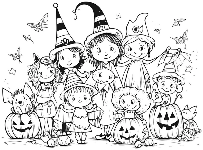 malvorlage-halloween-mit-kindern-und-hexen-kostuemen