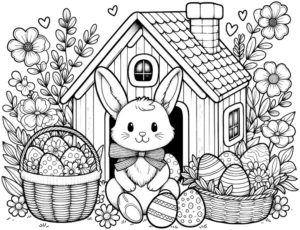 malvorlage-hase-vor-haeuschen-mit-ostereiern-und-blumen