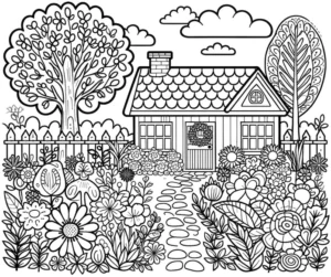 malvorlage-haus-mit-blumen-und-baum