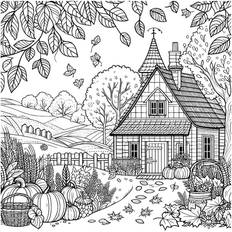 malvorlage-herbstlandschaft-mit-haus-und-kuerbissen