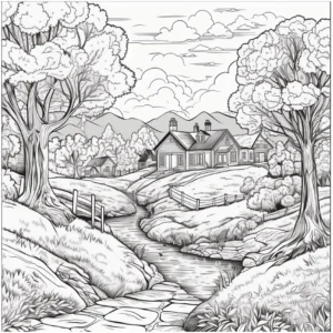 malvorlage-idyllische-landschaft-mit-haus-und-baum