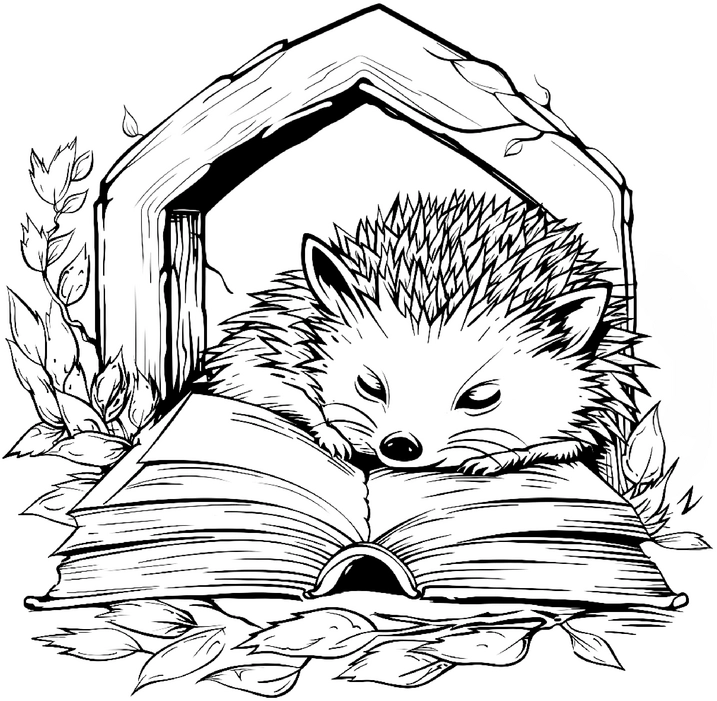 malvorlage-igel-auf-buch-mit-blaettern