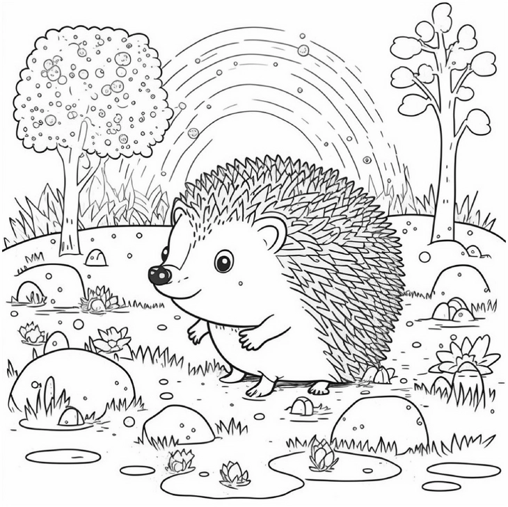 malvorlage-igel-in-natur-mit-regenbogen-und-baeumen
