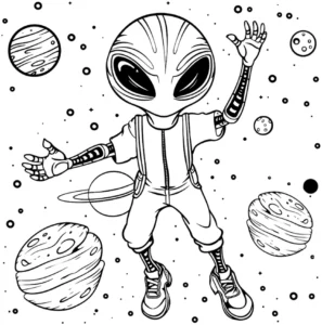 malvorlage-intergalaktischer-ausserirdischer-mit-planeten-im-weltall