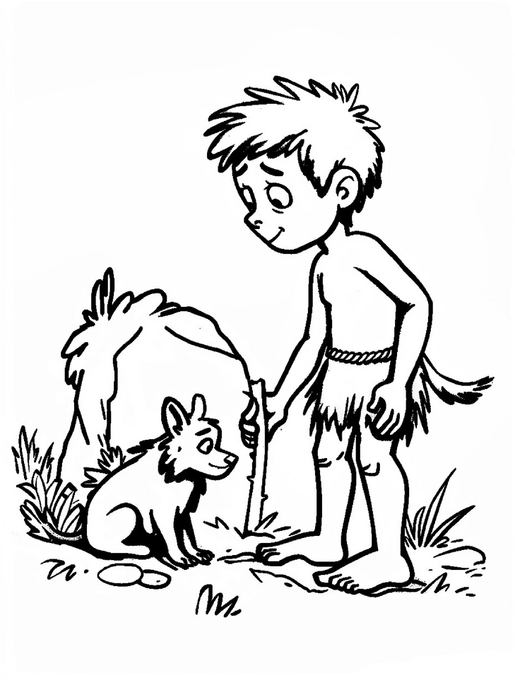 malvorlage-jaegerjunge-mit-hund-in-der-steinzeit