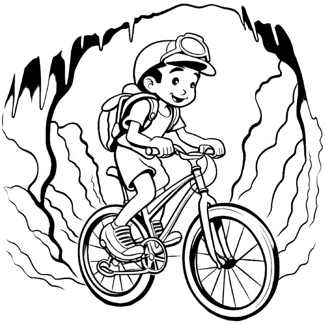 malvorlage-junge-fahrrad-in-der-hoehle