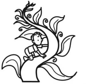 malvorlage-junge-klettert-an-pflanze