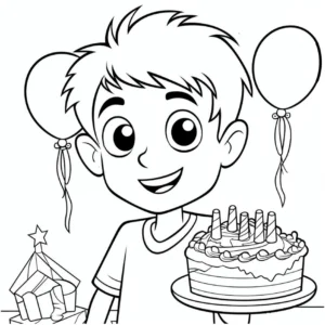 malvorlage-junge-mit-torte-und-luftballons
