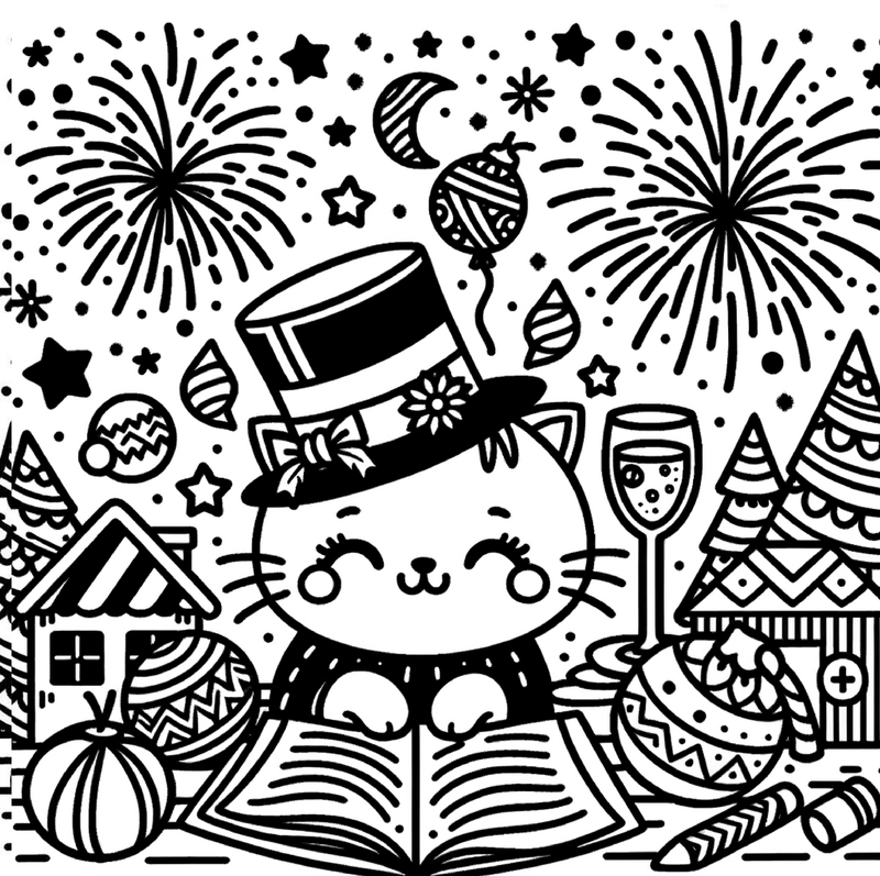 malvorlage-kaetzchen-silvester-mit-feuerwerk