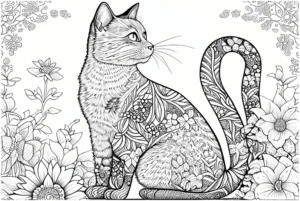 malvorlage-katze-blumen-ausmalbild