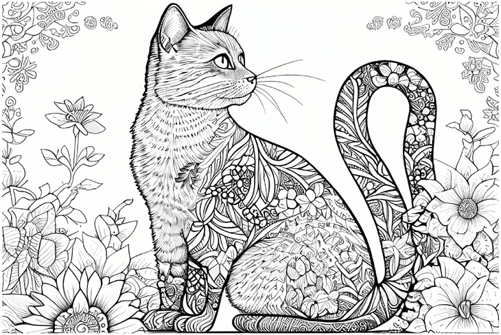 malvorlage-katze-blumen-ausmalbild