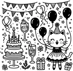 malvorlage-katze-luftballons-geburtstagstorte