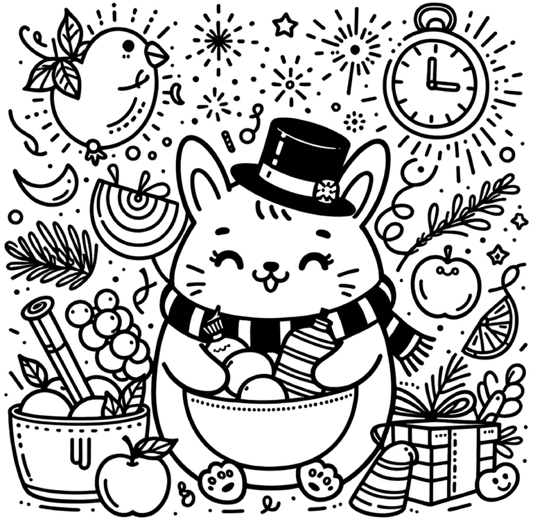 malvorlage-katze-mit-geschenken-silvester