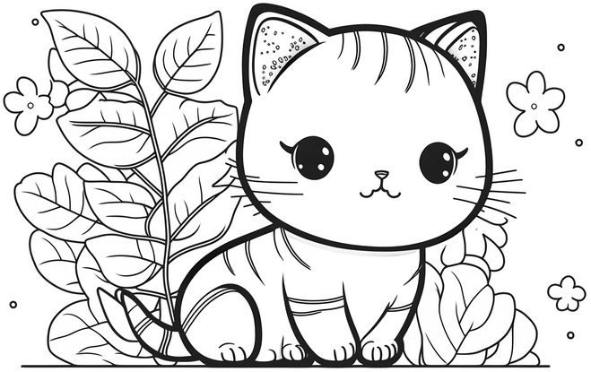 malvorlage-katze-mit-pflanzen-und-blumen