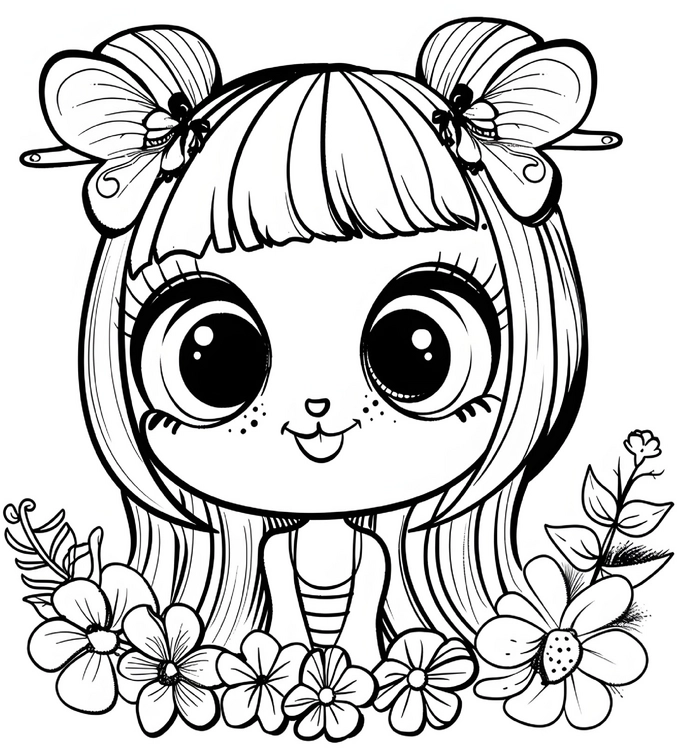 malvorlage-kawaii-maedchen-mit-blumen