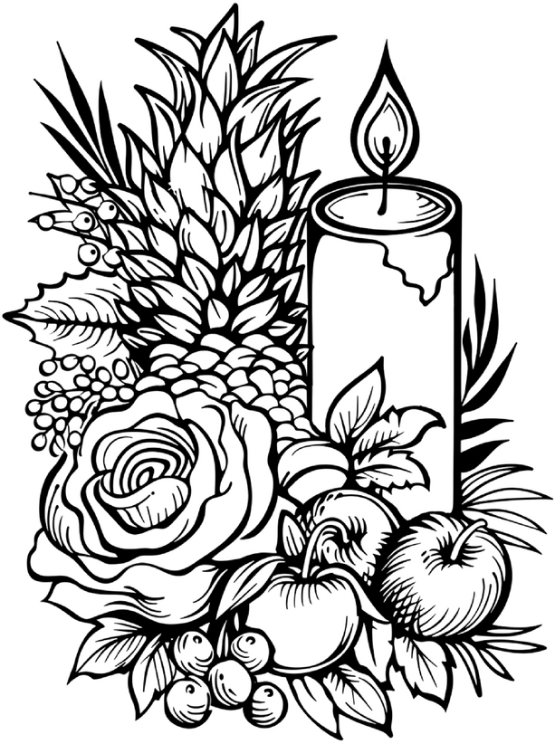 malvorlage-kerze-blumen-obst-ausmalbild