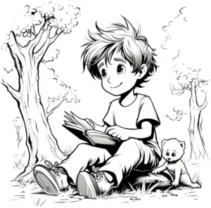 malvorlage-kind-liest-ein-buch-im-wald