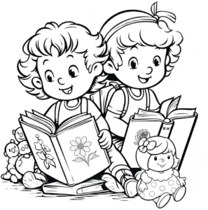 malvorlage-kinder-beim-lesen-und-spielen