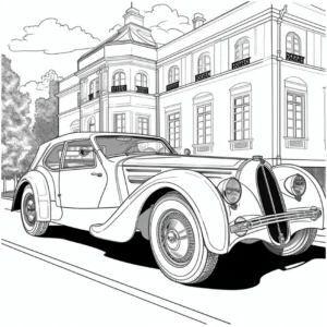 malvorlage-klassisches-auto-vor-elegantem-gebaeude