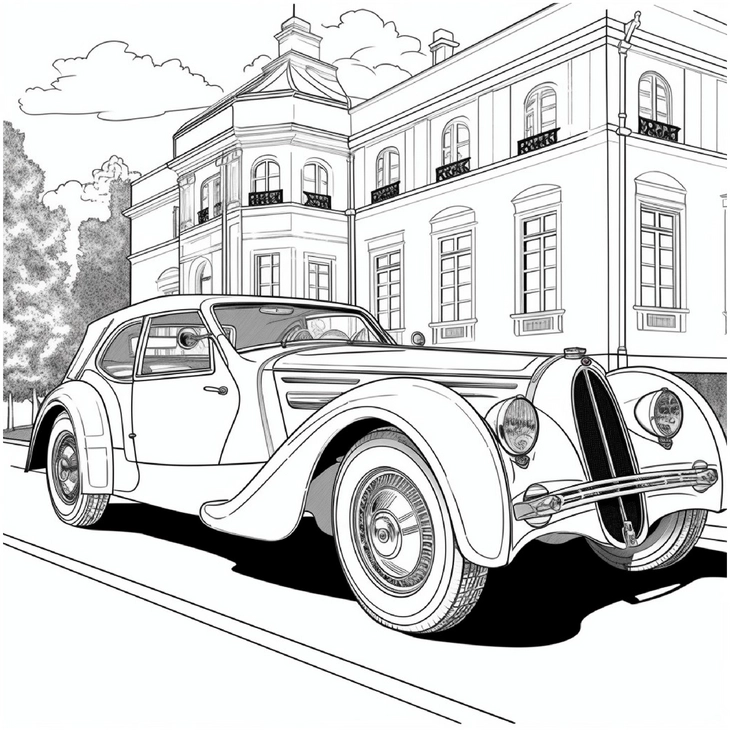 malvorlage-klassisches-auto-vor-elegantem-gebaeude