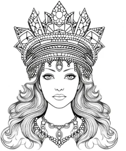 malvorlage-koenigin-mit-diadem-und-schmuck